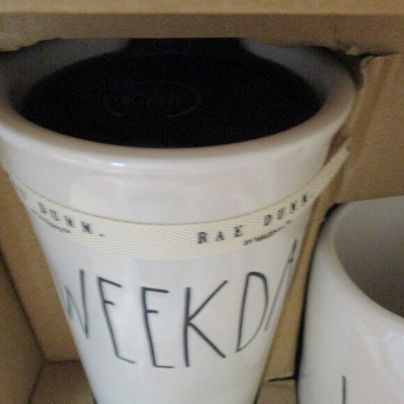 Rae Dunn 2 Piece WEEKDAY & WEEKEND Travel & Mug Set New in Box - Picture 2 of 6